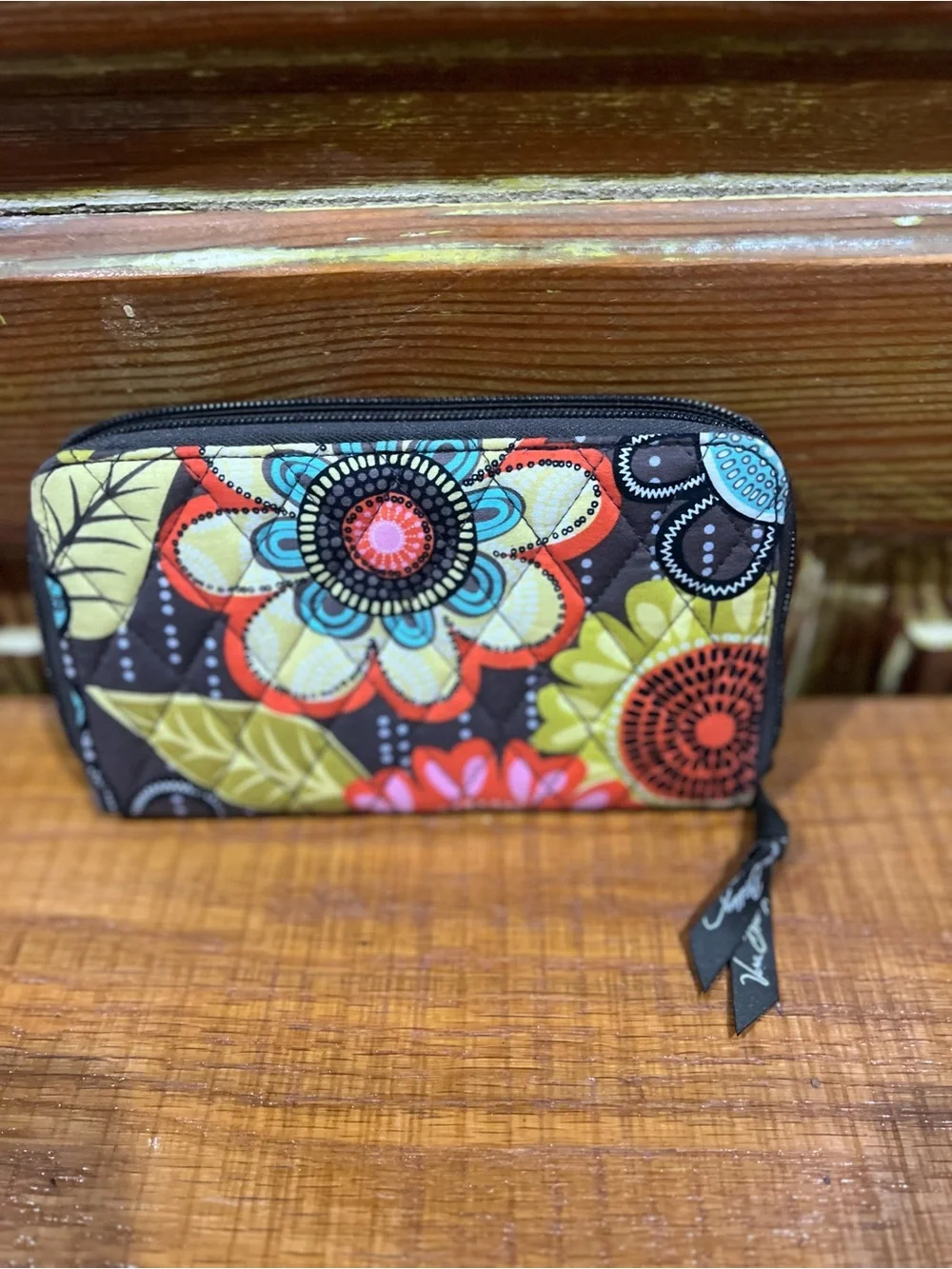 Vera Bradley Floral Zip Wallet - Brown with Turquoise & Yellow Accents